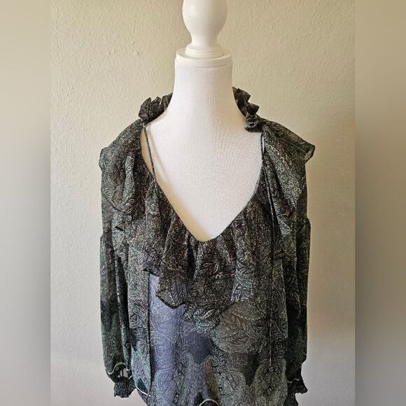 Alice + Olivia Sheer Dark Green And Black Paisley Long Sleeve Ruffle Top Small - Picture 3 of 9